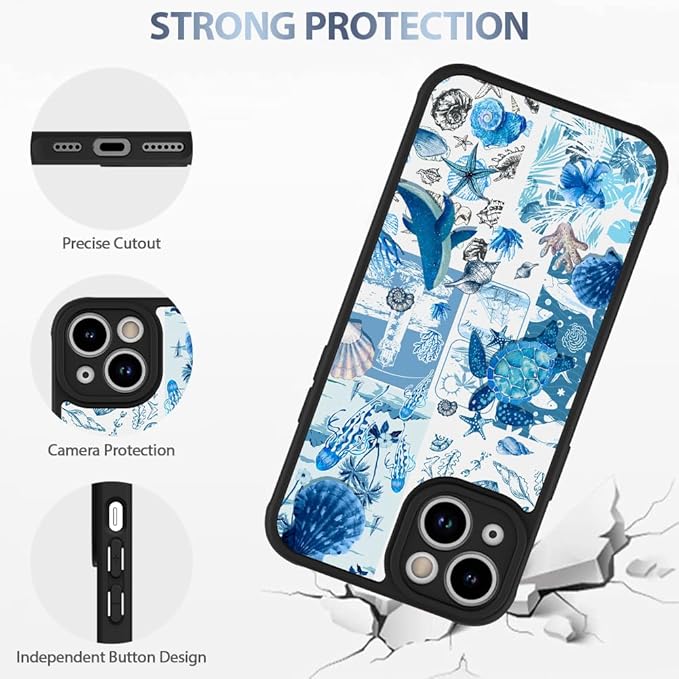 AIGOMARA Case for iPhone 15 Plus [Compatible with MagSafe] Blue Turtle Shell Ocean Collage Pattern Design for Women Girls Men Soft TPU Bumper Hack PC Back Shockproof Protective Slim Magnetic Cover