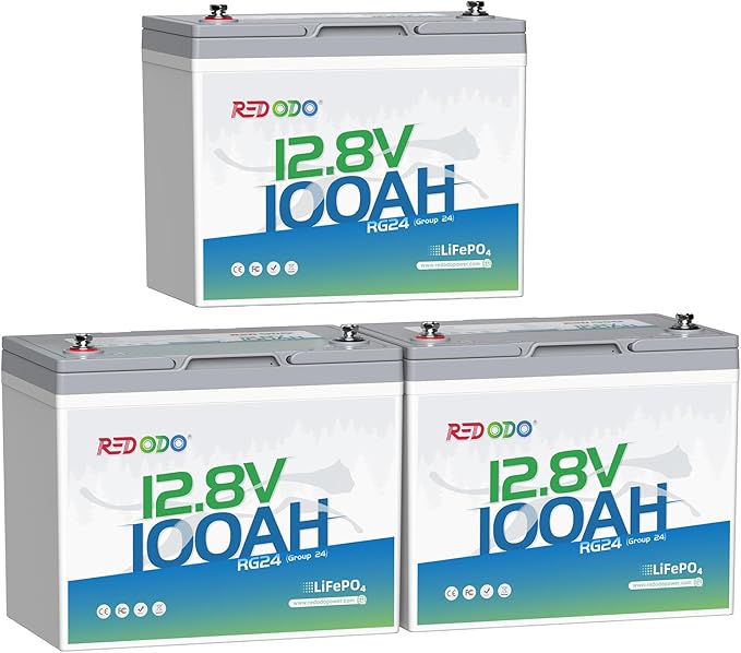 Redodo 12V 100Ah LiFePO4 Battery Group24, 25% Smaller Size, 1280Wh Energy with 100A BMS, 15000+ Cycles, Lightweight Lithium Deep Cycle Battery for RV, Camping, Trolling Motor, Home Storage 3 Pack