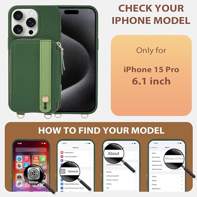 LAMEEKU for iPhone 15 Pro Wallet Case, Zipper Leather Card Slots Crossbody Cover Wrist Strap Lanyard with Phone Grip Holder Stand for iPhone 15 Pro 6.1 inch Dark Green