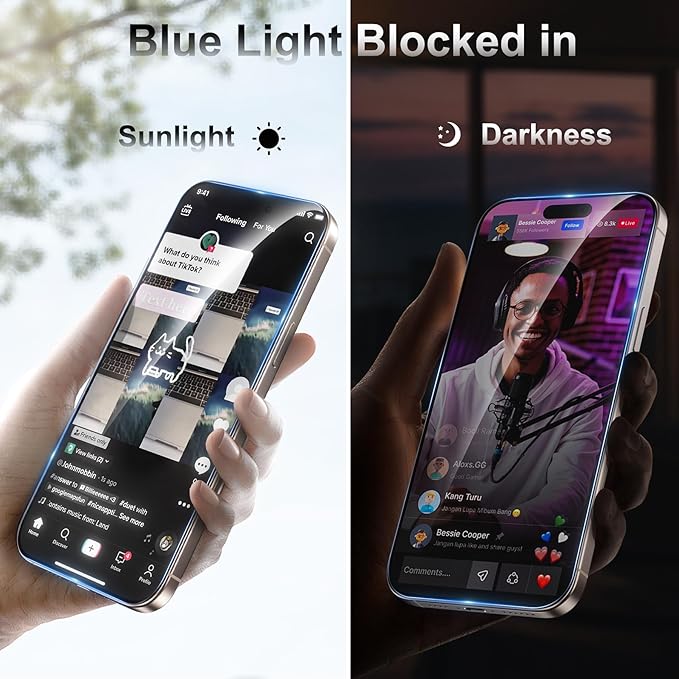 Fotbor [3+3 Pack for iPhone 16 Pro Screen Protector, Anti-Blue Light, [Eye Protection] 9H+ Tempered Glass with Camera Lens Protector Anti-Glare