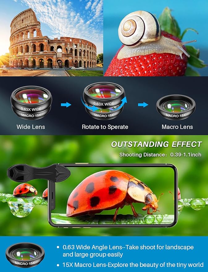 10 in 1 Cell Phone Camera Lens Kit, Wide Angle Lens & Macro Lens+Fisheye Lens+Telephoto Lens+CPL/Flow/Radial/Star Filter+Kaleidoscope 3/6 Lens for iPhone Samsung Sony and Most of Smartphone