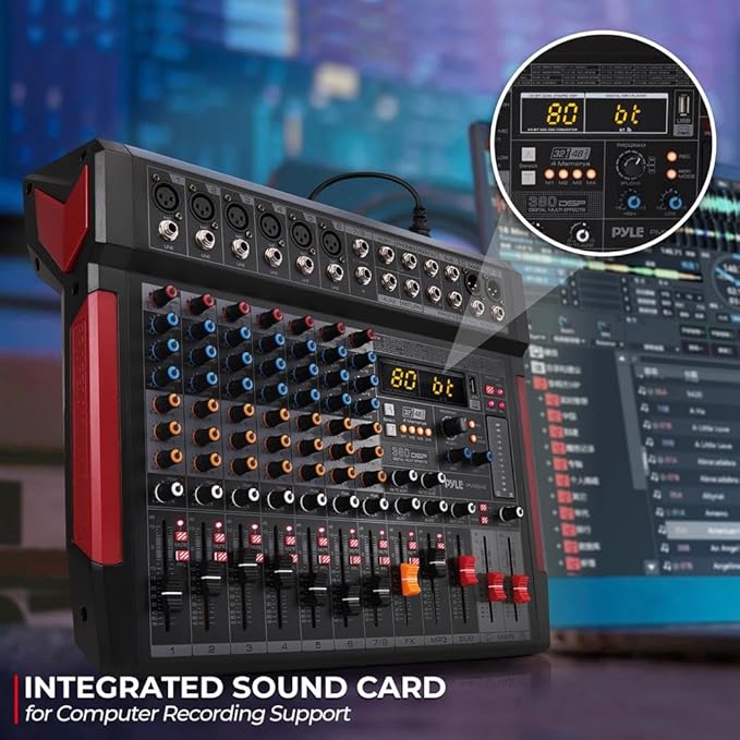 Pyle Professional DJ Audio Mixer Controller - 8Channel DJ Controller Sound Mixer w/ DSP 380 Preset Effects, Recording, USB, 6 XLR Mic/Line Input, AUX, FX Processor MP3 Player, Headphone Jack - PMX648