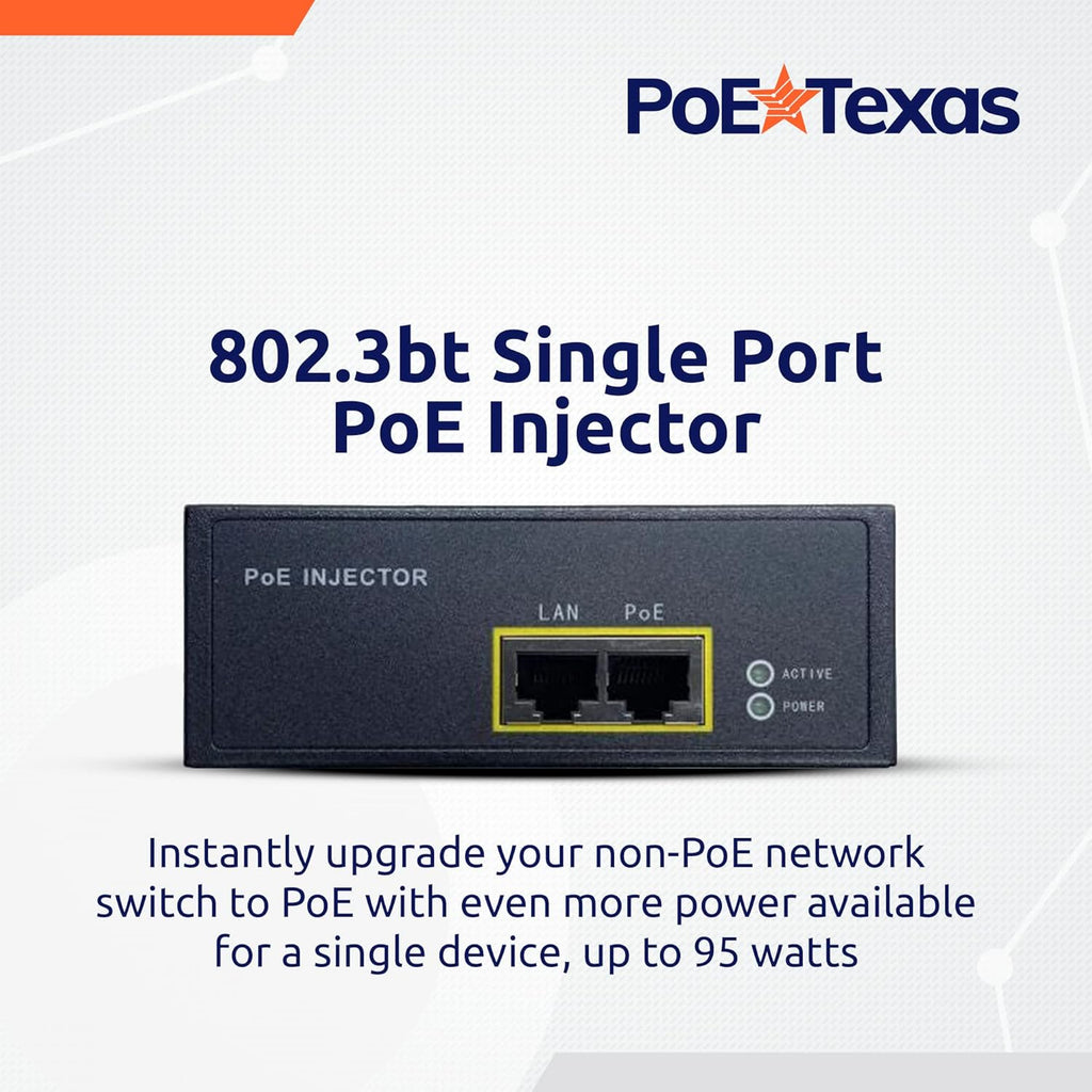 Poe Texas PoE Injector - 802.3bt PoE++ Single Port Power Over Ethernet Injector - Active PoE Adapter with 55V 95W Output - 10/100/1000 Gigabit Data - Mode A/B Wall Mount Plug & Play