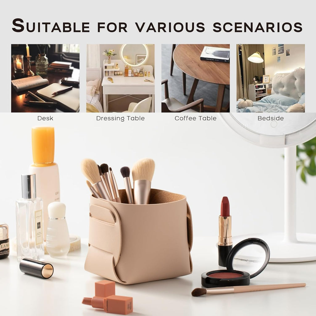 HOMIEAZICOZI 2-Pack Cork Leather Desk Accessories Storage - Pencil Pen Holder - Makeup Brush Holder Organizer - Stylish Addition to Home Decor (Apricot)