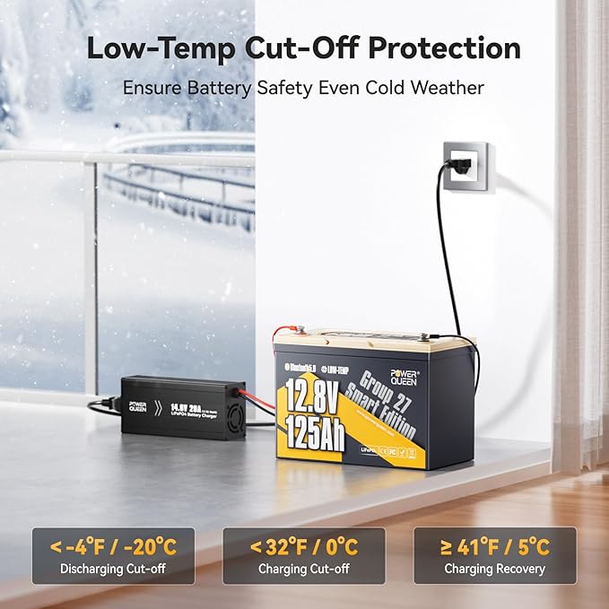 Power Queen 12V 125Ah Group 27 Bluetooth LiFePO4 Battery,1600Wh Energy Lithium Battery with Low-Temp Protection Max. 15000 Cycles for RV, Solar System, Trolling Motor