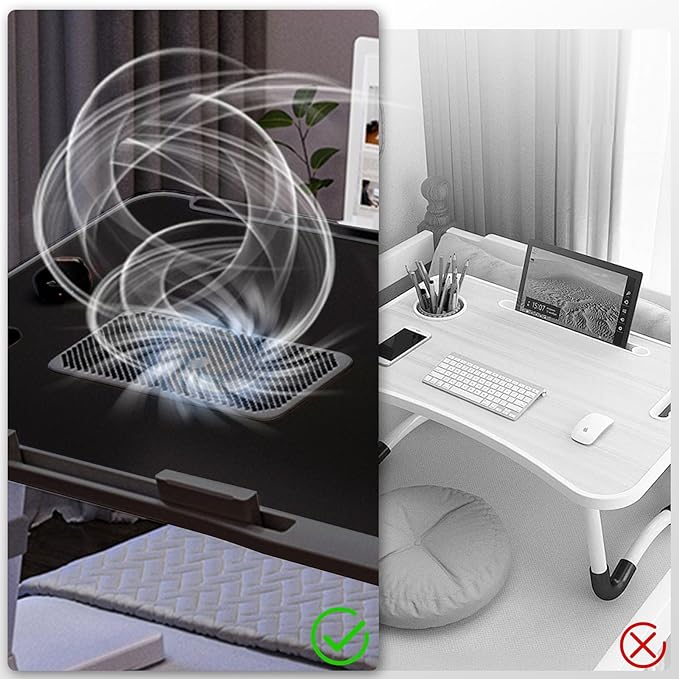 Laptop Lap Desk with Cooling Fan - Adjustable with Light, USB, Storage Drawer - Folding Bed Desk,23.62"*15.74",Black