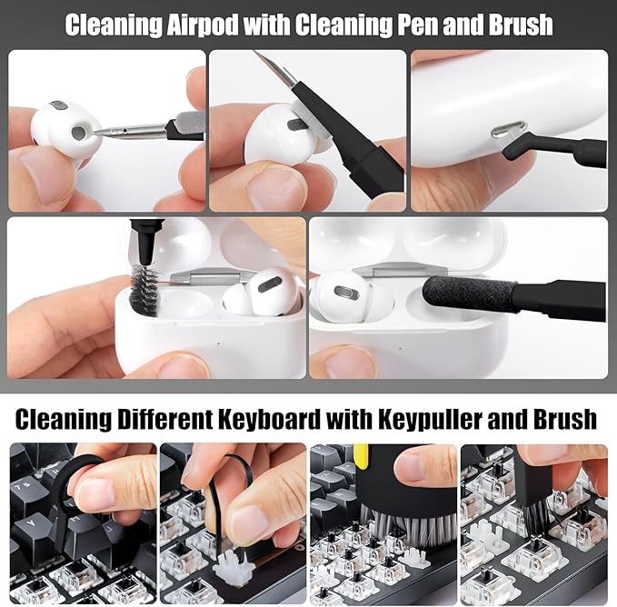 walrfid 2 Pack Laptop Phone Screen Cleaner Kit, Computer Keyboard Brush Cleaning Spray for iPhone AirPods MacBook iPad, 20-in-1 Electronic Device Tool for Camera Earbud TV Car Screens, Black White