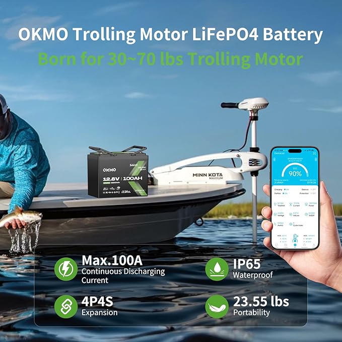 12V 100Ah LiFePO4 Battery with Bluetooth, BCI Group 24, Built-in 100A BMS, 1280Wh Rechargeable Deep Cycle Lithium Battery, 15000+ Cycles for RV, Marine, Solar, Trolling Motor, Home, Off-Grid