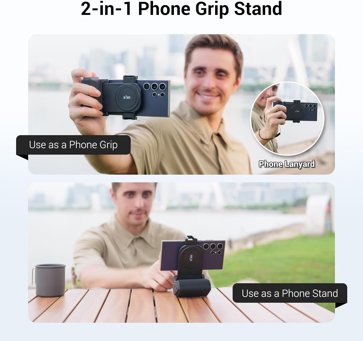 KIWIFOTOS Universal Phone Camera Grip Phone Tripod Mount with Remote Control & Cold Shoe Adapter for iPhone 16 Pro Max Samsung Travel Selfie Vlog Video Shooting Camera Grip