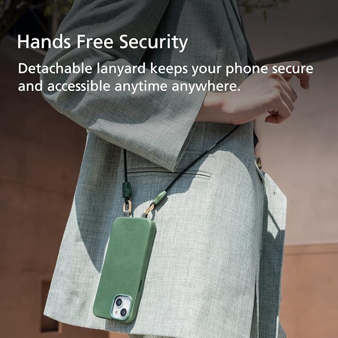 alto Crossbody Phone Lanyard: detachable patch, nylon strap with Italian leather pad, for iPhone and android full body phone cases (Forest Green)