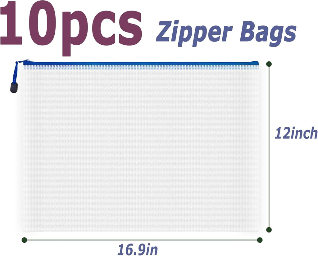 AUSTARK 10 Pcs Zipper File Bags, Waterproof Plastic Mesh Pouch for Office School, Board Game Storage Bags (A3 Size 16.9''x12'', White and Blue)