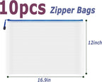AUSTARK 10 Pcs Zipper File Bags, Waterproof Plastic Mesh Pouch for Office School, Board Game Storage Bags (A3 Size 16.9''x12'', White and Blue)