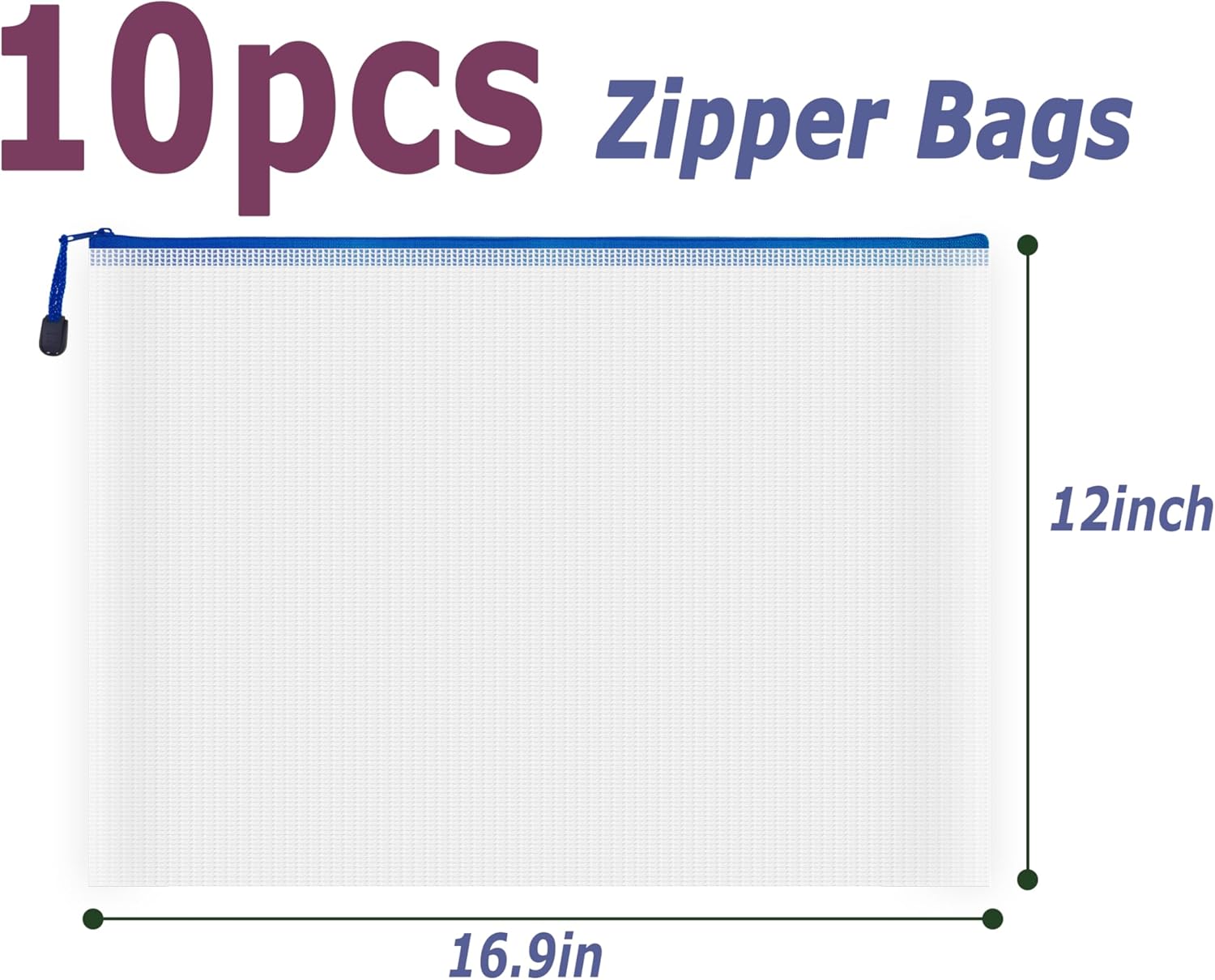 AUSTARK 10 Pcs Zipper File Bags, Waterproof Plastic Mesh Pouch for Office School, Board Game Storage Bags (A3 Size 16.9''x12'', White and Blue)