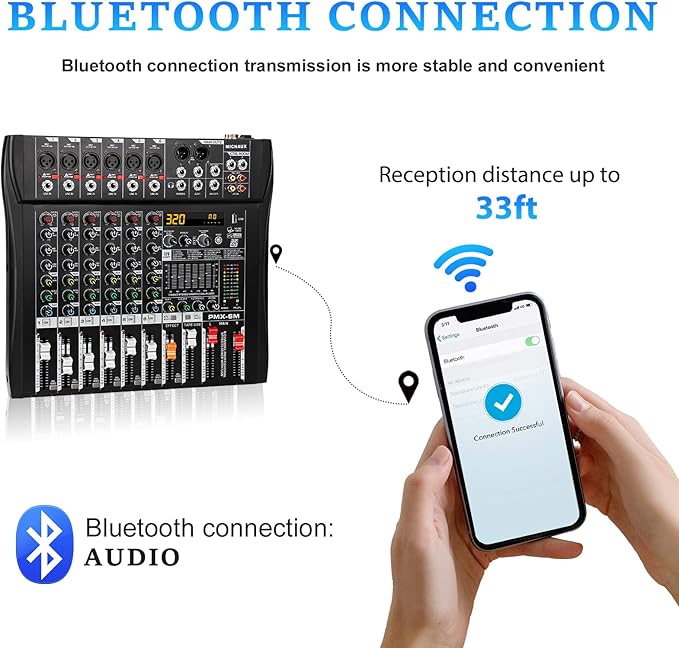 Audio Mixer 6 Channel Professional Mixer Console with 320 DSP Effects, 7-band EQ Sound Mixing Board Digital DJ Mixer w/USB Bluetooth MP3 for Recording, Independent 48V Power & Mute Button