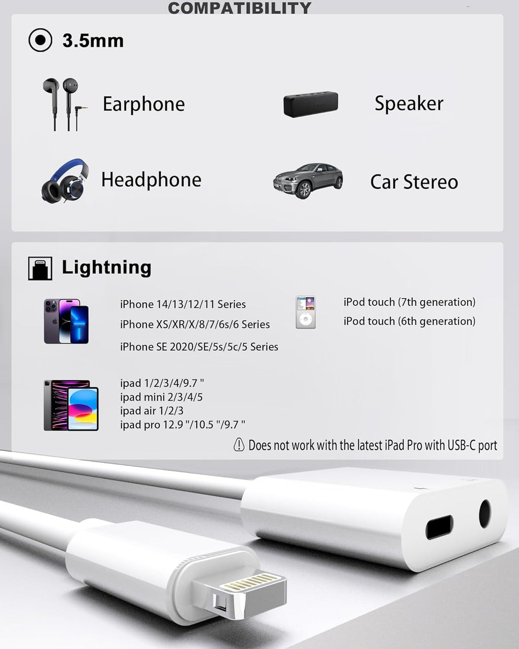2 Pack Lightning to 3.5mm Headphone Jack Adapter, [Apple MFi Certified] 2 in 1 Headphone Adapter Aux Audio and Charger Adapter Dongle Cable Splitter Compatible with iPhone 14 13 12 11 XS XR 8 7
