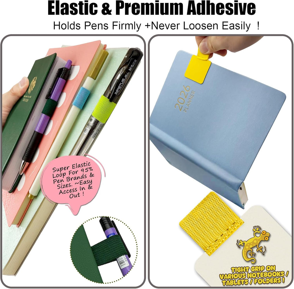 Pen Loop Holder for Notebook 14 Colors Self-Adhesive Stick On Pen Holder with Extra 2 Pens Clips 2 Leather Bookmarks As COMBO for Planner Journal Tablet Clipboards Calendars Bible Campus School Office
