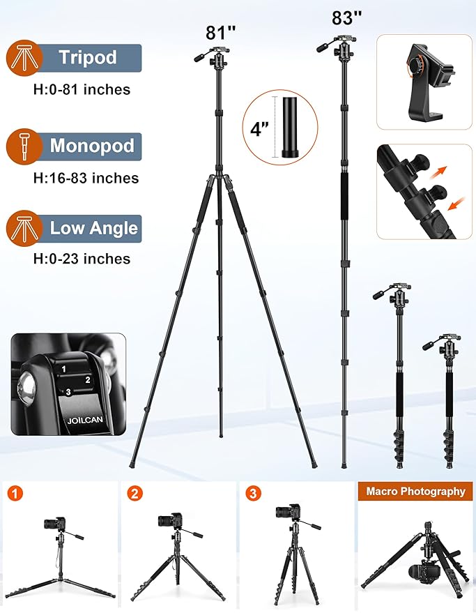 JOILCAN Camera Tripod, 83" Aluminum Tripods & Monopods with Metal Handle, Heavy Duty Tripod for DSLR Camera Lasers Binoculars Telescope Spotting Scope, Payload 35Lb