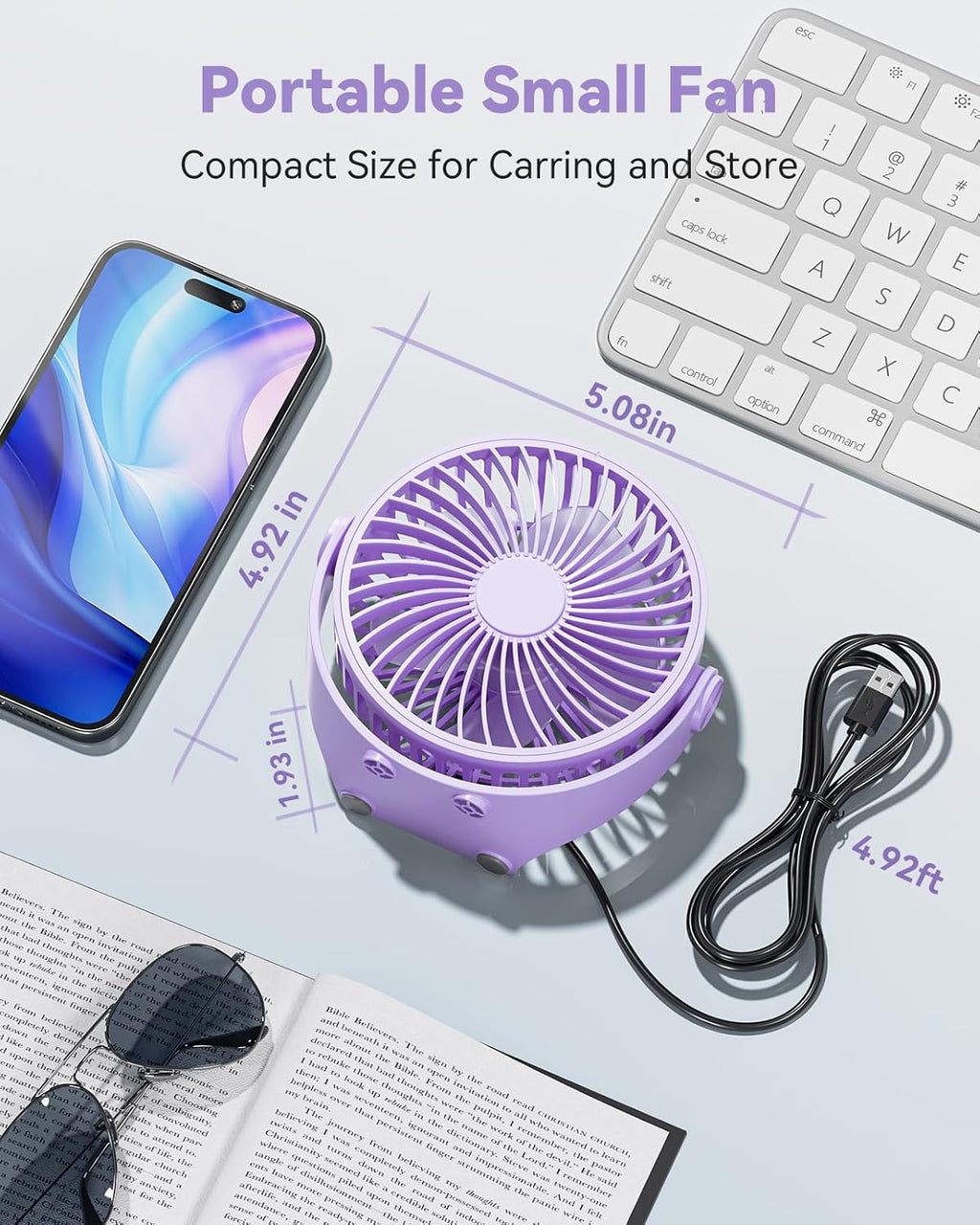 USB Desk Fan, 5 Inch Mini Portable, 3 Speeds Strong Airflow Personal Desktop, Detachable Cooling Fan 360° Rotation Quiet Small Fan for Desk Home Office Travel Car, Purple, 5ft Cable