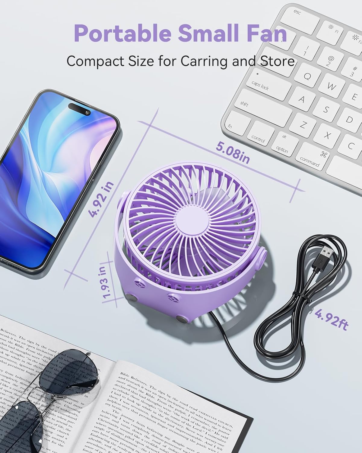 USB Desk Fan, 5 Inch Mini Portable, 3 Speeds Strong Airflow Personal Desktop, Detachable Cooling Fan 360° Rotation Quiet Small Fan for Desk Home Office Travel Car, Purple, 5ft Cable