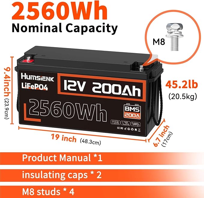 12V 200Ah LiFePO4 Lithium Battery, Built-in 200A BMS, Rechargeable Deep Cycles Batterys, 2560Wh Lithium Battery for Off-Grid and Home Solar System, Marine, Trailer, RV