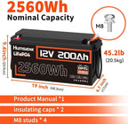 12V 200Ah LiFePO4 Lithium Battery, Built-in 200A BMS, Rechargeable Deep Cycles Batterys, 2560Wh Lithium Battery for Off-Grid and Home Solar System, Marine, Trailer, RV