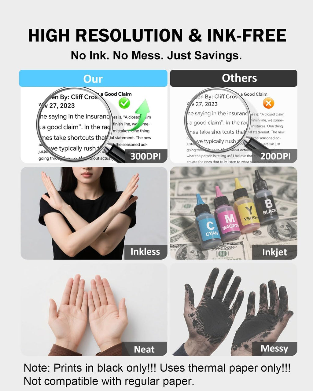 Inkless Portable Printer for Travel, 300DPI Wireless Thermal Printer Support 8.5" x 11" US Letter, A4, MT610Pro Small Bluetooth Printers Compatible with iOS, Android Laptop for Home Office Car, Black