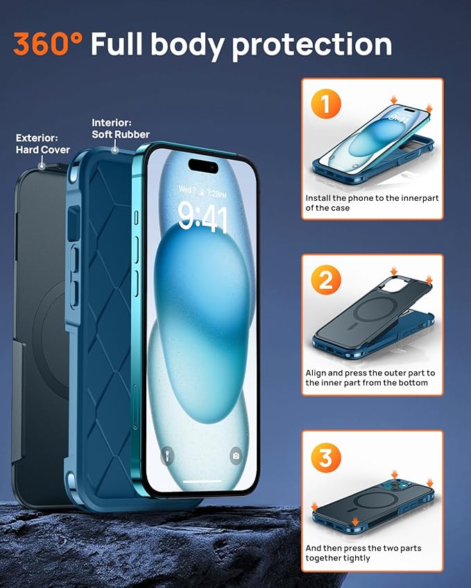 Lanhiem for iPhone 15 Case Magnetic, [2 Pack Tempered Glass Screen Protector][Compatible with MagSafe][10 FT Military Grade Shockproof] Heavy Duty Tough Rugged Phone Cover for iPhone 15 - Dark Blue