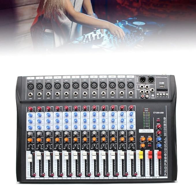 12 Channel Audio Mixer, DJ Soundboard Sound Mixer Console with Xlr, Line Inputs & 48V Phantom Power, Studio Audio Mixer KTV Sound Mixing Console for Professional and Beginners (12-Channel)