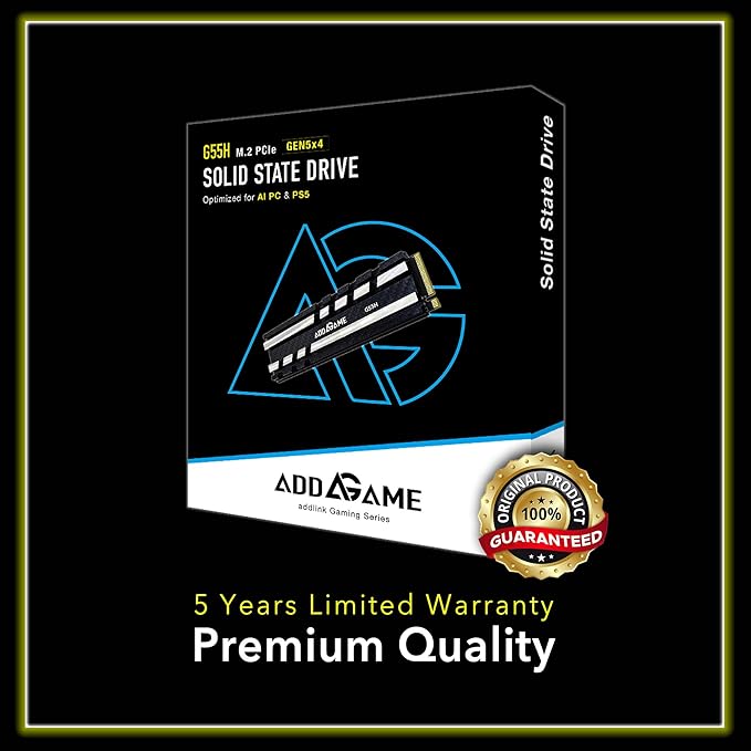 Addlink G55H 2TB PCIe 5.0 Gen5 NVMe M.2 SSD with Heatsink - Up to 10,300MB/s - Game Ready - Internal Solid State Drive - Compatible with PCs and PS5 (ad2TBG55HM2P)