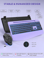 Wireless Keyboard and Mouse Backlits, Wrist Rest, LED Mouse, Rechargeable Ergonomic Keyboard with Phone Holder, Silent Light Up Combo for Computer, Mac, PC, Laptop, Chromebook (Purple)