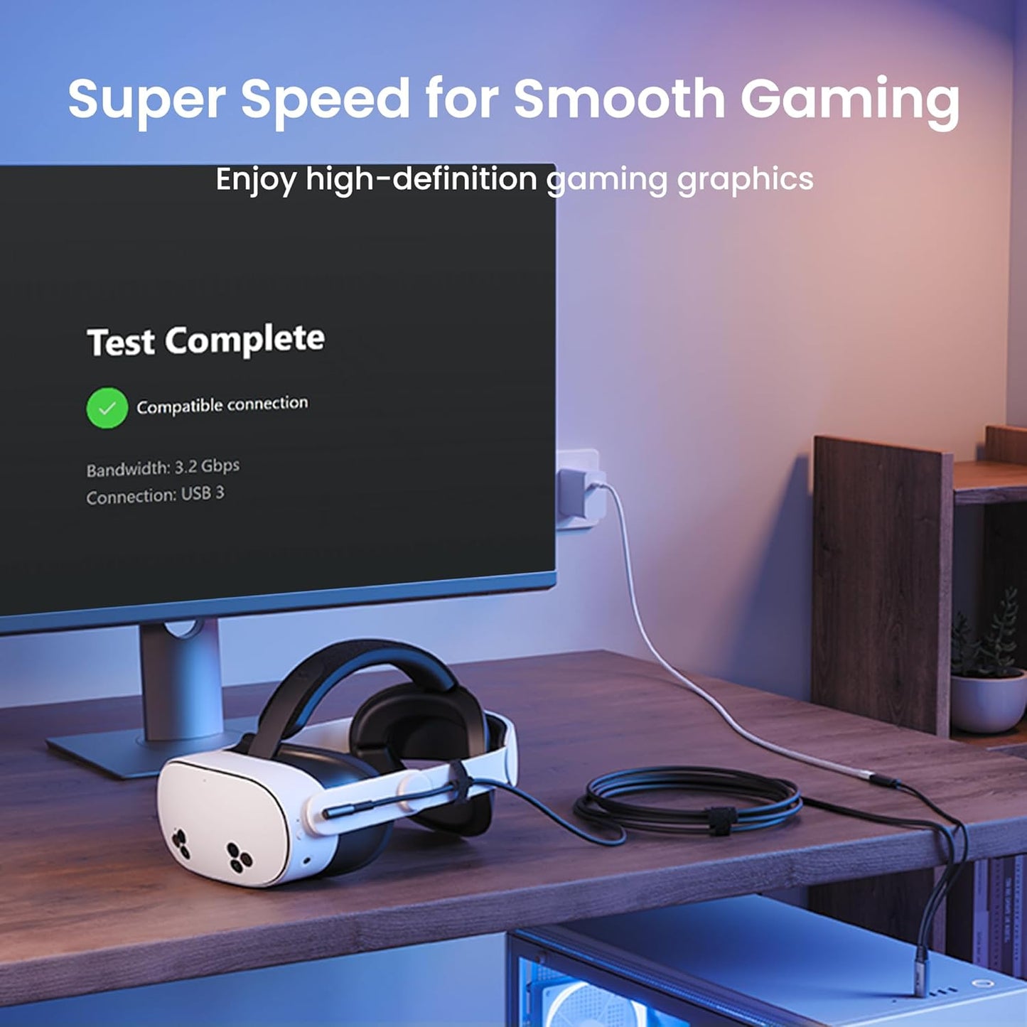 KIWI design Link Cable with Charging 16FT Compatible with Meta Quest 3s/3/2/ Pro/Pico 4 Accessories and PC/SteamVR, USB 3.0 to USB C Link Cable with 5Gbps Super Speed for Extended Gameplay, Black