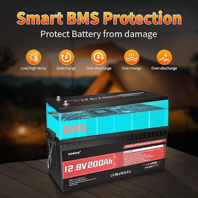 12V 200Ah LiFePO4 Lithium Battery,200A BMS,Max.2560W Load Power,15000+ Deep Cycles,10-Year Lifespan, Ideal for RV, Solar Energy Storage,Trolling Motor and Off-Grid Camping