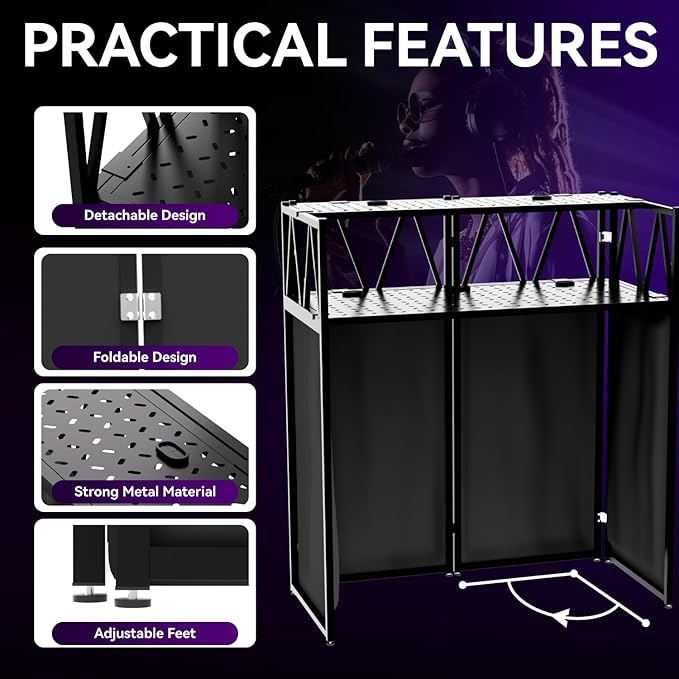 Portable DJ Booth T able,Foldable DJ Table Stand Portable with White & Black Scrim,Adjustable DJ Facade Booth Station Metal Frame D J Table with Cable Hole for Private Events, Clubs, Bars (50*25 XL)