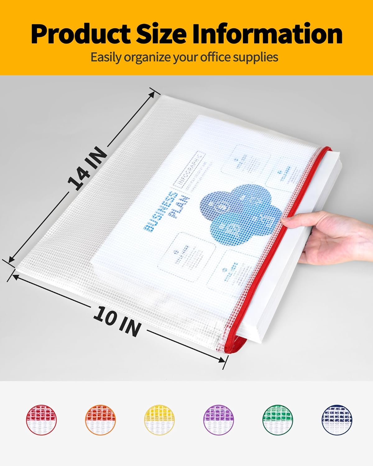 SUNEE Plastic Mesh Zipper Pouch 10x14 in (6 Colors, 12 Packs),Extra Large Water-Resistant Zip Bag for School Office Supplies, Puzzles & Games Organizing Storage