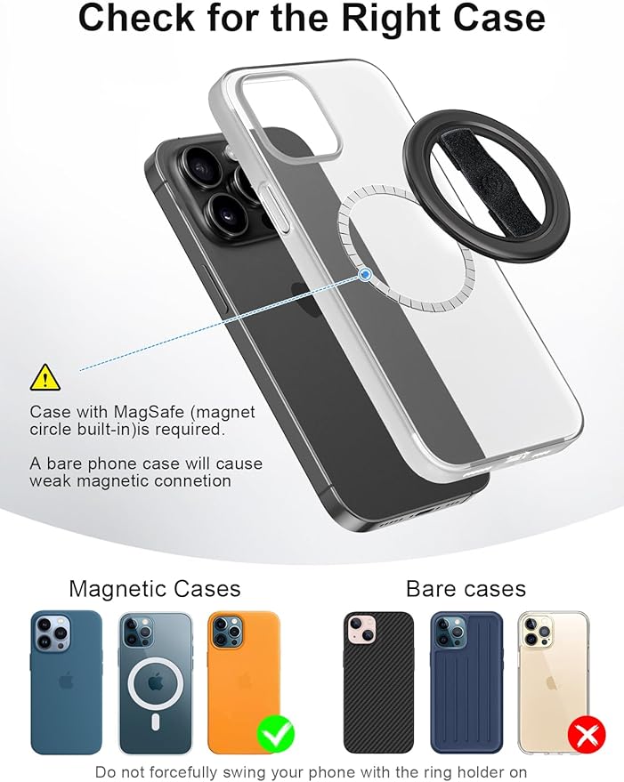 EWA MagOne Lite 3rd Gen Cell Phone Ring Holder, with Replaceable 360° Rotation Elastic Finger Strap, Phone Grip Compatible with iPhone MagSafe,15,14,13 Pro/Max/Plus-(Black)