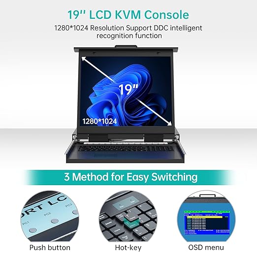 MT-VIKI KVM Rack Console w/19'' LCD Monitor, 8 Port VGA KVM Switch with Keyboard Touchpad Monitor, Fit for 1U 19'' Rack, OSD/Hotkey/Button 【with 8 KVM Cable】