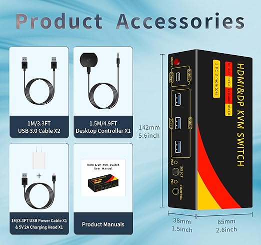 2*DP+1*HDMI KVM Switches 3 Monitors KVM Switch 2 Monitors 2 Computers Display Port，8K@60HZ,USB3.0,kvm displayport 2 Computers 3 Monitors Dual Monitors Support Extended and Copy Mode,Share USB Devices