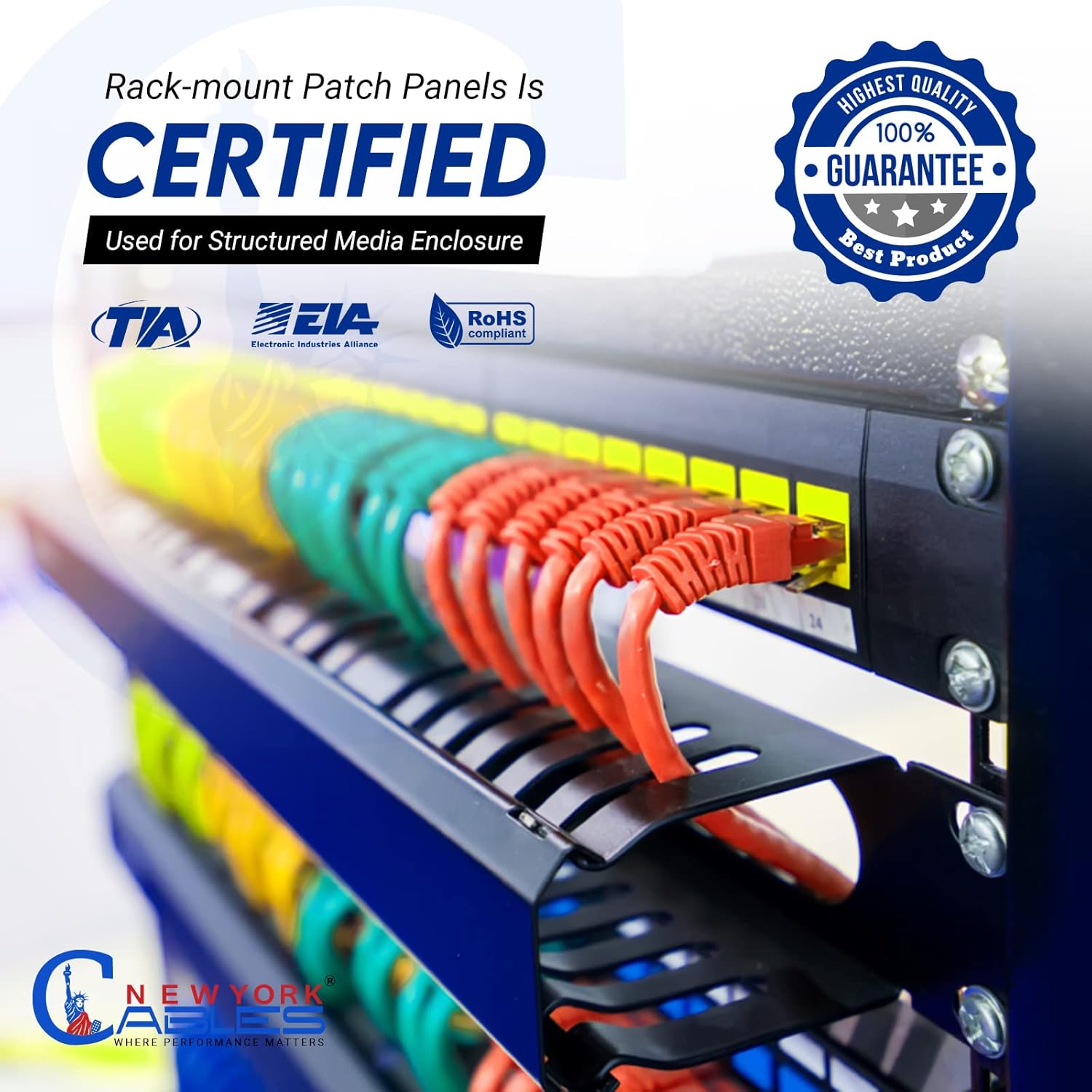 NewYork Cables® Blank Keystone 24 Port Cat6 Patch Panel - 10Gb Ethernet 1U Horizontal Rack Mount, Color-Coded T568A/B Labels, Network for Data Centers, Server Rooms, Unloaded, Unshielded.