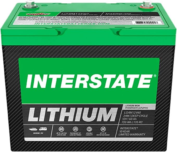 Interstate Batteries 12V 60Ah Group Size 24M Lithium Deep Cycle LiFePO4 Marine/RV Battery, Maintenance Free, Lightweight, Ideal For Boats, RV Camping, Off-Grid, Yachts (Li24M12V60)