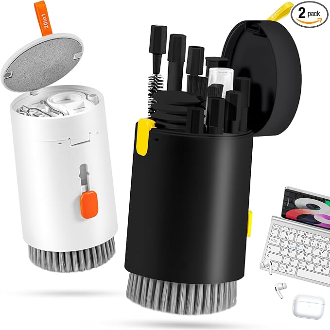 walrfid 2 Pack Laptop Phone Screen Cleaner Kit, Computer Keyboard Brush Cleaning Spray for iPhone AirPods MacBook iPad, 20-in-1 Electronic Device Tool for Camera Earbud TV Car Screens, Black White