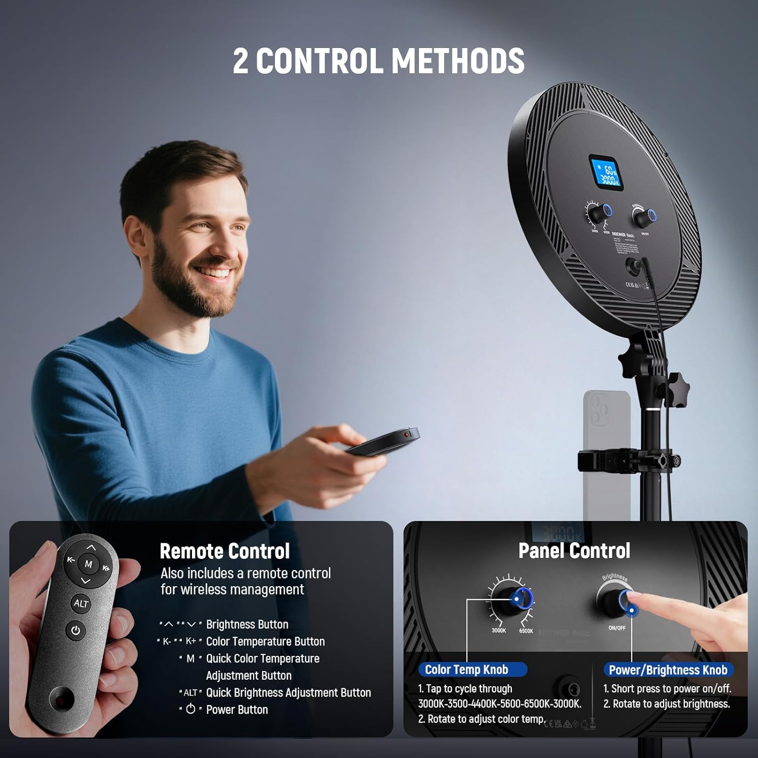 NEEWER Basics 12" 24W Large Ring Light with 68" Stand/Phone Holder/Remote for iPhone Video Recording Selfie Streaming Makeup Studio Photography, 3000K-6500K CRI98 Full Screen LED Panel Lighting, BR13