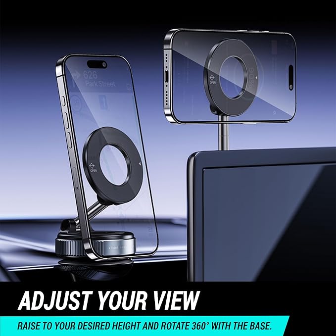 CARMOUNT Clutch–X One – Cell Phone Car Mount for iPhone – 360° Magnetic Phone Holder for Car, 96LBS Suction Cup Phone Mount for Car & Phone Holder for Desk, Metal Strut (Black)