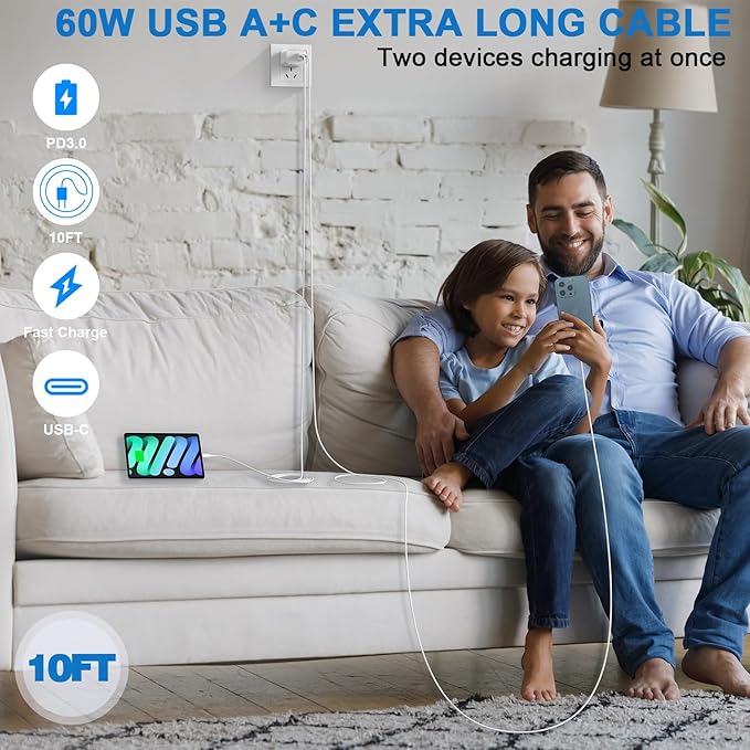 10FT iPhone 16e Fast Charger,2Pack 20W Dual Port USB C+A Power Adapter 10Foot Long USB C to C Fast Charging Cable Cord Quick Charging for iPhone 16e/16/16 Pro/15/15 Pro/Pro Max/Plus,iPad Pro/Air/Mini