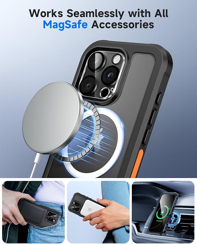 seacosmo for iPhone 16 Pro Case, Full Body Bumper with Built-in 9H Tempered Glass Privacy Screen Protector and Camera Lens Protector, Compatible with MagSafe, Shockproof Phone Cover, 6.3", Black
