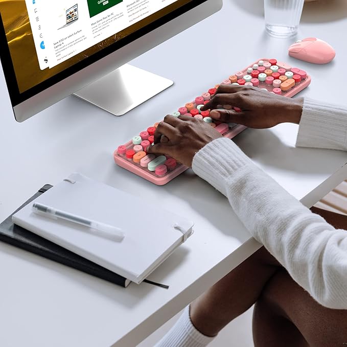 KNOWSQT Wireless Keyboard and Mouse Combo, Pink Colorful 2.4G Typewriter Full-Size Cute Keyboards - USB Receiver Plug and Play, for Computer, PC, Laptop, Desktop, Windows