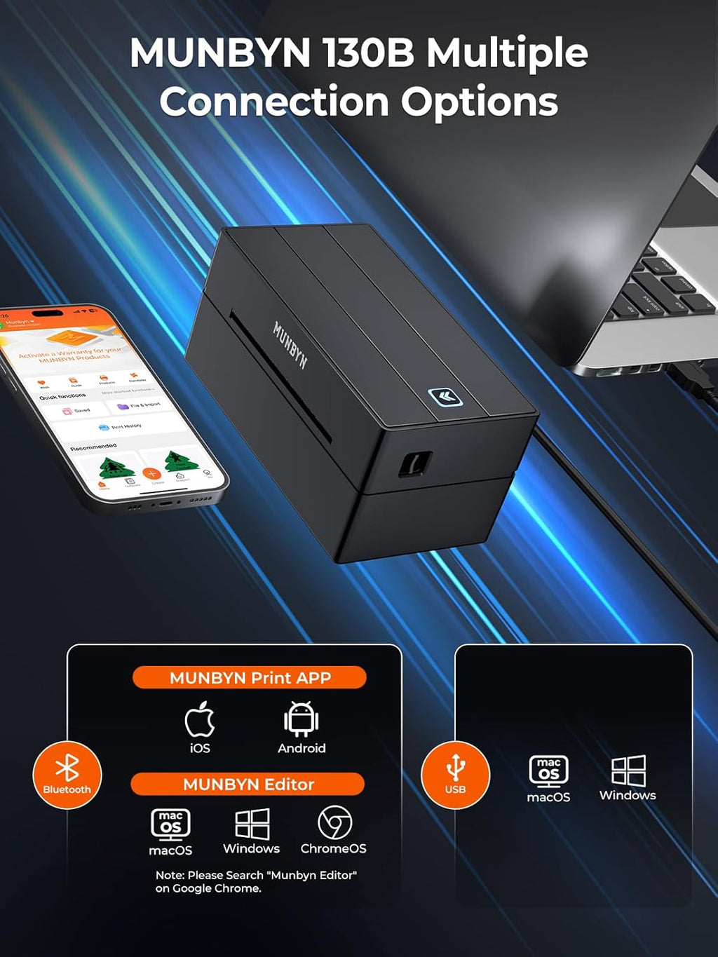 MUNBYN Bluetooth Thermal Label Printer, 130B Wireless 4x6 Shipping Label Printer for Shipping Packages Small Business Office or Home, Compatible with iPhone Android iPad Windows macOS Chrome Etsy eBay