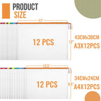 24pcs Mesh Zipper Pouch Bags, 12 Colors Extra Large 12PCS A3 and 12pcs A4, Puzzle Bag for Organizing, Classroom Must Have Storage Bag, File Bags for School, Board Games and Office Supplies