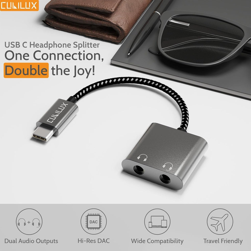 Cubilux USB C Double Headphone Splitter, Type C to Dual 3.5mm Jacks Audio Sharing Adapter Compatible with iPhone 16/15, iPhone 16/15 Pro Max, iPad Pro 13/12.9/11, iPad Air 13/5th/4th and More