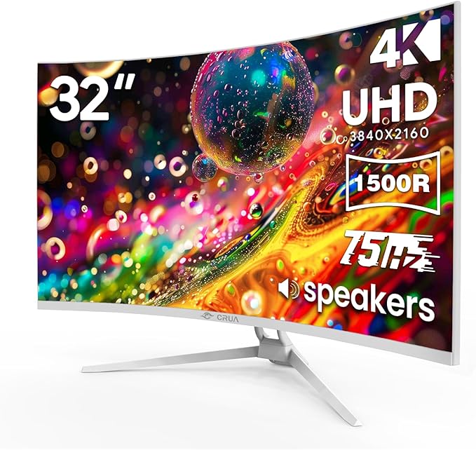 CRUA 32" White Curved Monitor, 4K UHD(3840*2160P) 1500R VA Screen, 75Hz Computer Monitor Supports AMD Freesync, 120% sRGB, Built-in speakers, Blue Light Filter,Wall Mountable Installs(HDMI 2.0/DP 1.4)