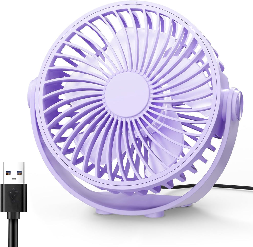 USB Desk Fan, 5 Inch Mini Portable, 3 Speeds Strong Airflow Personal Desktop, Detachable Cooling Fan 360° Rotation Quiet Small Fan for Desk Home Office Travel Car, Purple, 5ft Cable